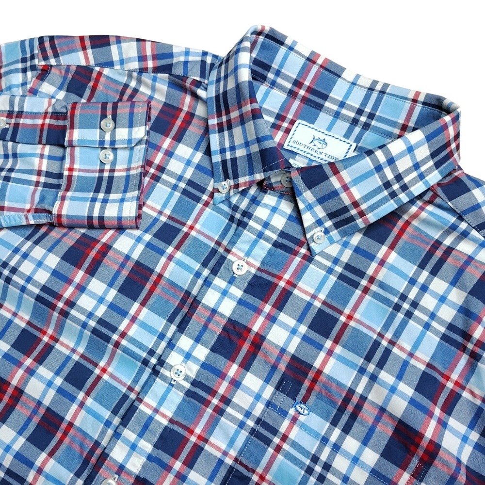 Southern Tide Performance Button Down Shirt Men XL Blue Plaid Stretch L/S